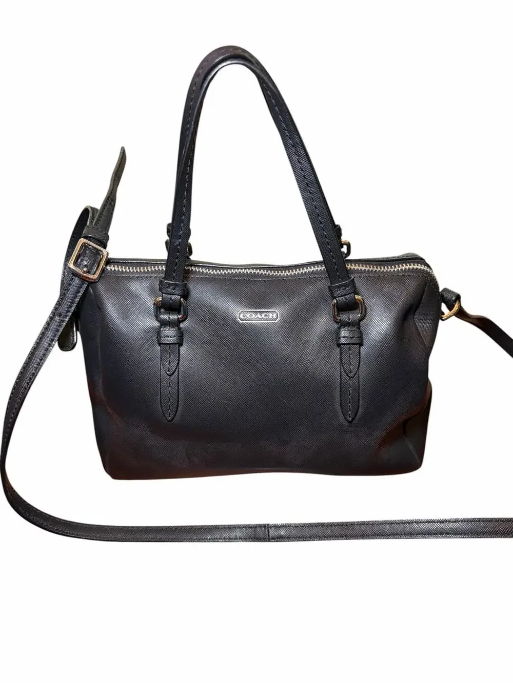 Coach Black Saffiano Leather Satchel Purse Crossbody Handbag Shoulder Bag Silver